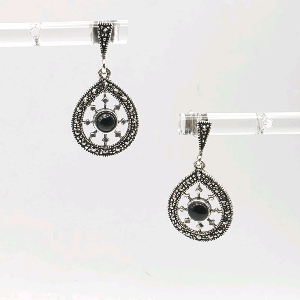 Sterling Silver Marcasite and Black Onyx Teardrop Dangle Earrings